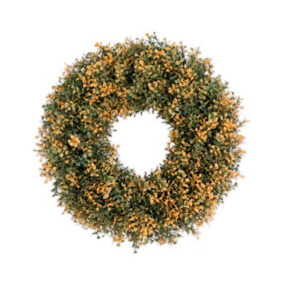 Pre-Lit Autumn Boxwood Artificial Fall 18&#39; Wreath with Warm White LED Lights