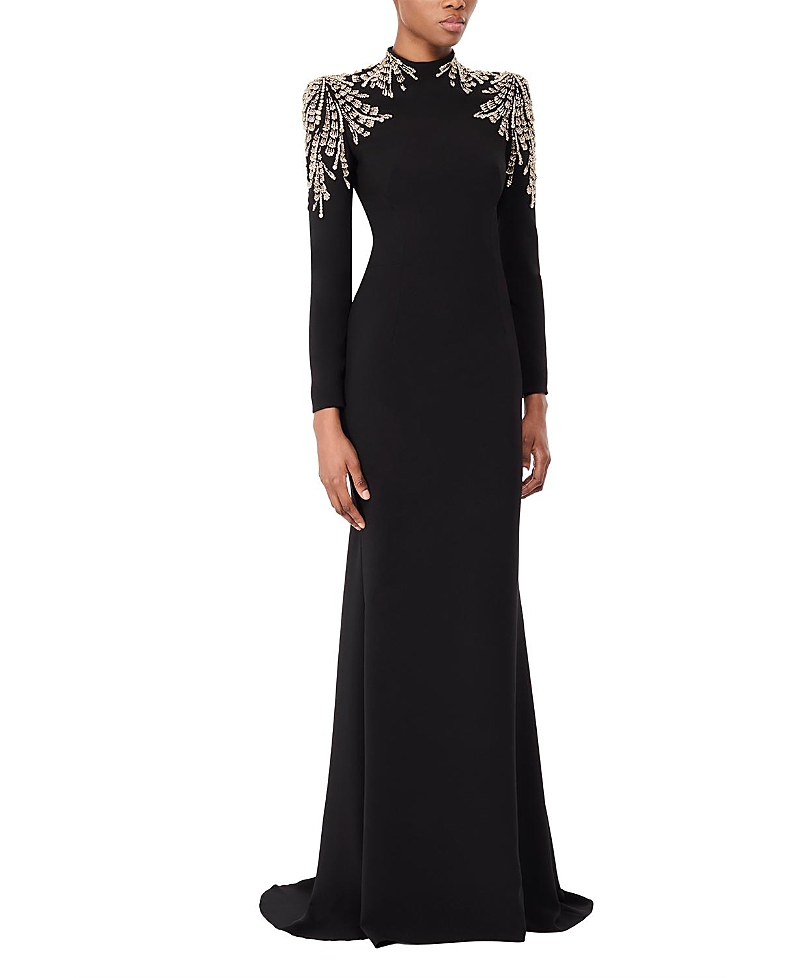 Jenny Packham Cobra Embellished-shoulders Mock-neck Maxi Dress In Black