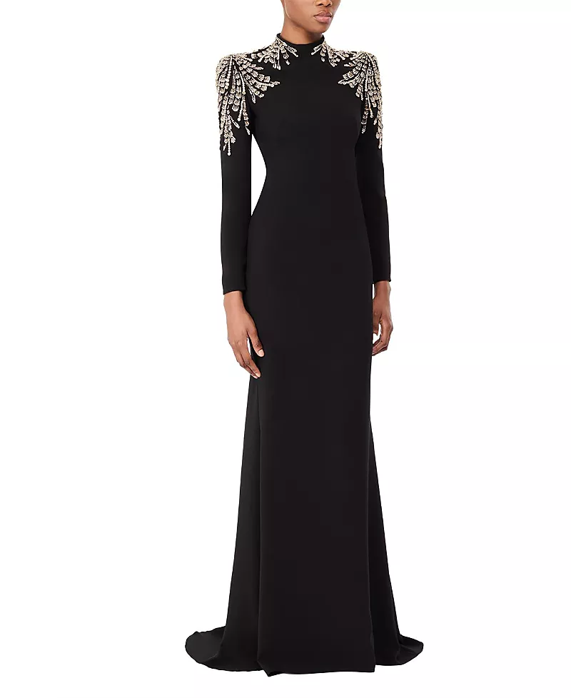 Jenny Packham Cobra Embellished-Shoulders Mock-Neck Maxi Dress