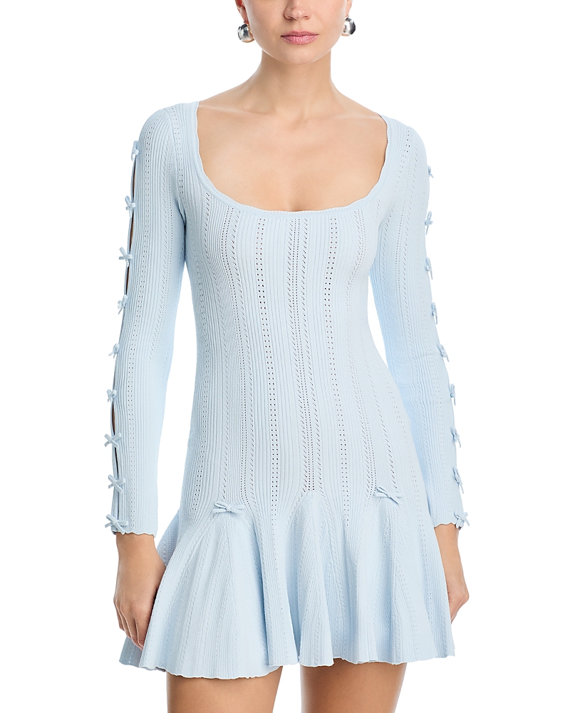 Loveshackfancy Seychelle Bow Long Sleeve Knit Minidress In Blue