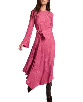 Rachel Long Sleeve Asymmetric Midi Dress in Floral Jacquard