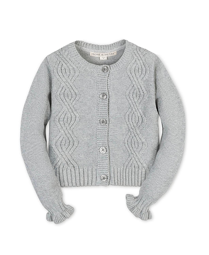 Hope & Henry Girls' Organic Cropped Ruffle Cuff Cable Sweater Cardigan - Little Kid, Big Kid