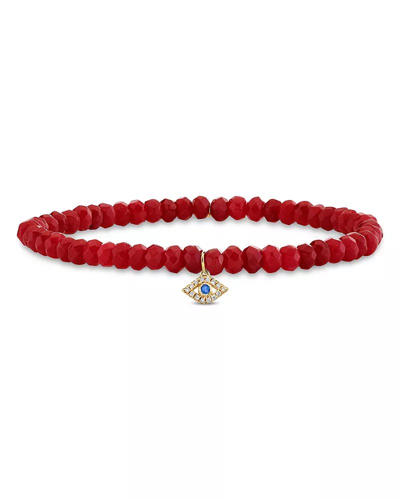 Sydney Evan 14K Yellow Gold Diamond, Sapphire & Dark Red Jade Protective Eye Charm Beaded Bracelet