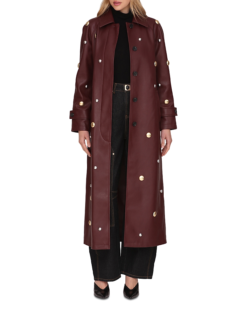 Avec Les Filles Studded Faux Ever Leather Belted Trench Coat In Burgundy