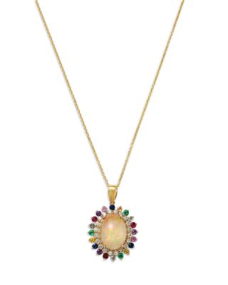 Opal, Multi Gemstone & Diamond Halo Pendant Necklace in 14K Yellow Gold, 16"