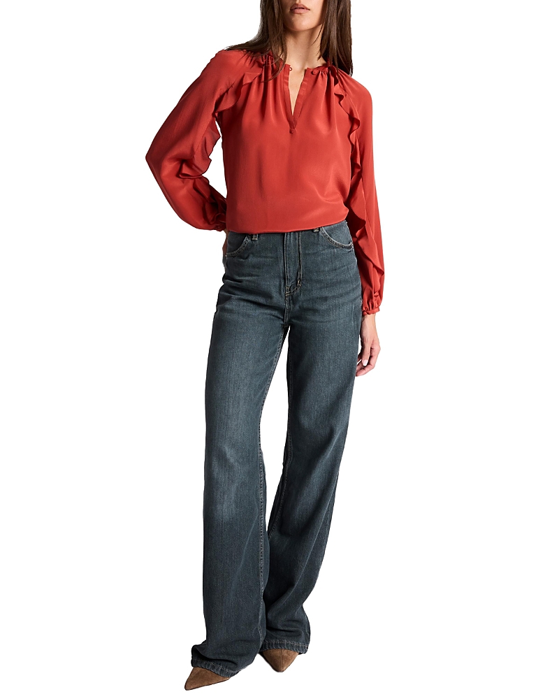 Santorelli Skyla Long Sleeve Ruffle Blouse In Silk Crepe De Chine In Red