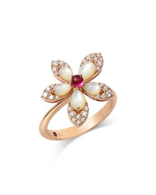 18K Rose Gold Tiare Mother of Pearl, Rubellite, & Diamond Flower Ring
