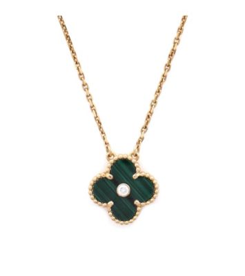  Vintage Alhambra Pendant Necklace 18K Gold and Malachite with Diamond, 16.5 - 18.25"