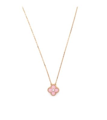  Vintage Alhambra Pendant Necklace 18K Rose Gold and Pink Sevres Porcelain with Diamond, 14.5 - 16.25"
