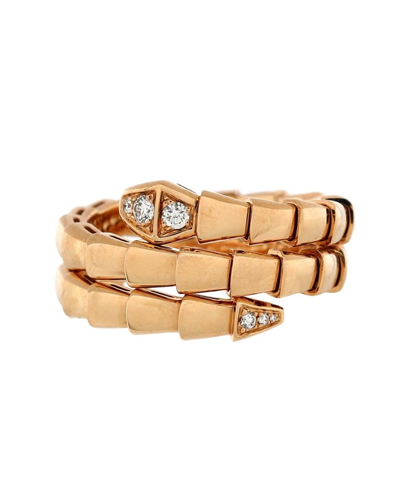 Pre-Owned Bvlgari Serpenti Viper Two-Coil Ring 18K Rose Gold with Diamond