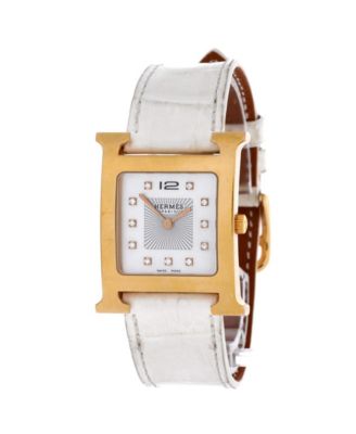 Heure H Quartz Watch in Plated Metal and Alligator with Diamond Markers and Mother of Pearl 30mm