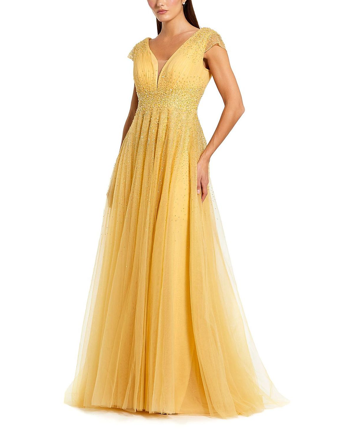 Mac Duggal Embellished Tulle Cap Sleeve V Neck Gown