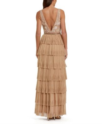 Beaded Mesh V Neck Gown with Tiered Ruffles