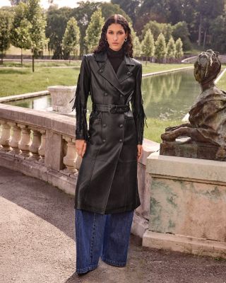 Celina Fringe Trim Faux Leather Trench Coat 