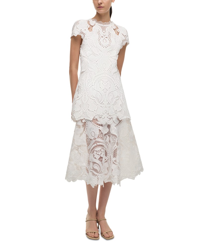 Simkhai Laura Guipure Lace Cap Sleeve Midi Dress in White
