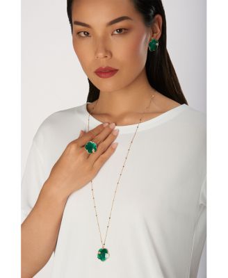 18K Rose Gold Ton Joli Green Agate & White and Champagne Diamond Flower Pendant Necklace, 35.4"