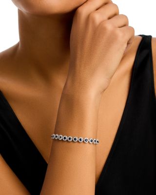 Blue Sapphire & Diamond Halo Tennis Bracelet in 14K White Gold