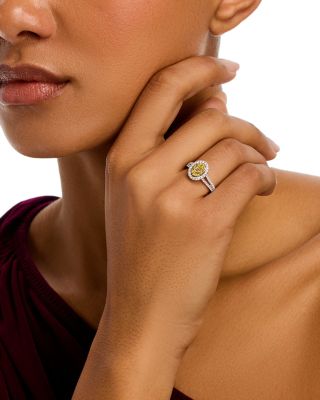 Yellow & White Diamond Halo Cluster Ring in 18K Yellow & White Gold, 0.77 tcw