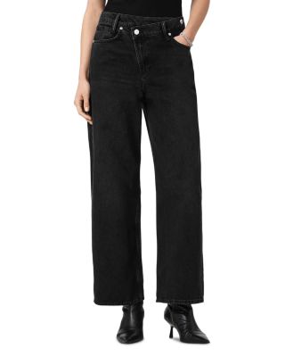 Aki Mid Rise Wide Leg Crossover Jeans in Washed Black