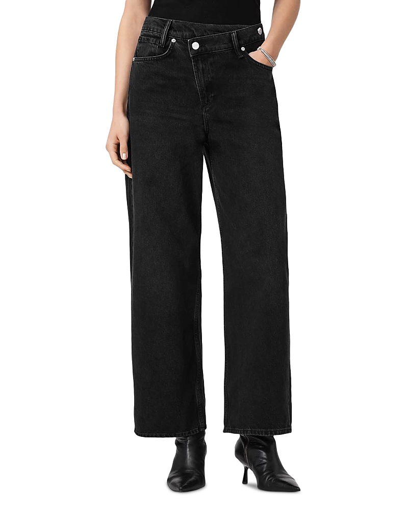 Allsaints Aki Mid Rise Wide Leg Crossover Jeans In Washed Black