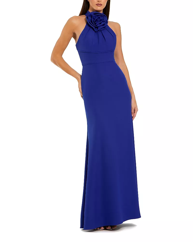 Mac Duggal Flower Halter Neck Crepe Column Gown