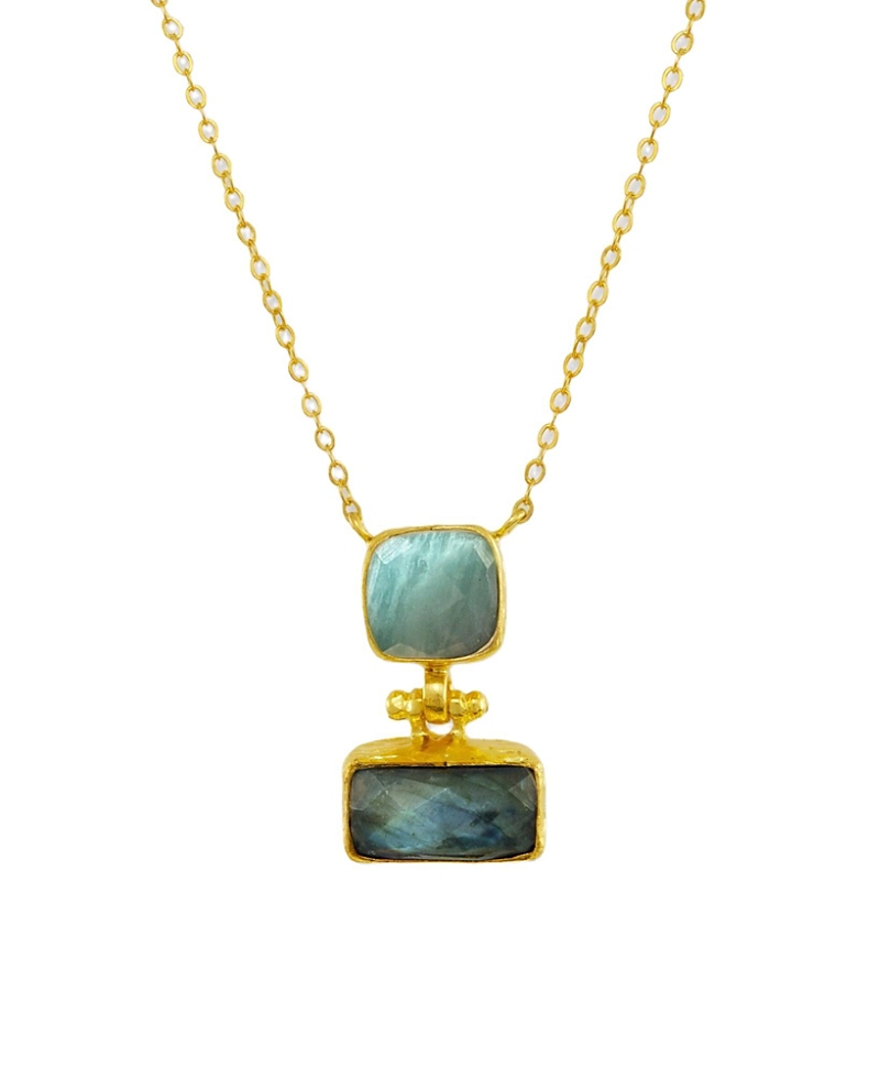 Ottoman Hands Nerissa Labradorite And Aqua Chalcedony Pendant Necklace In Gold