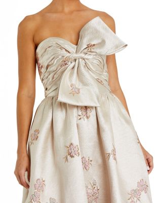 Brocade Strapless Floral Gown with Bow Detail