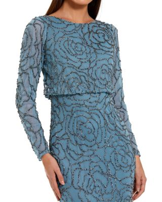 Beaded Mesh Long Sleeve Blouson Top Gown