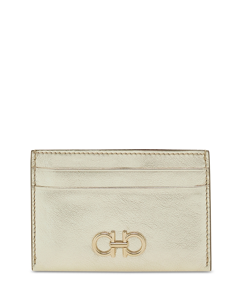 Ferragamo Gancini Metallic Leather Card Holder In Gold
