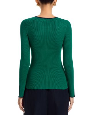 Long Bell Sleeved Rib Contrast Tipping Crewneck Pullover Sweater