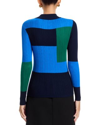 Long Sleeved Color Blocked Mock Neck Pullover Sweater