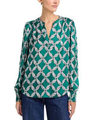 Long Sleeved Split Neck Blouse With Smocked Cuffs