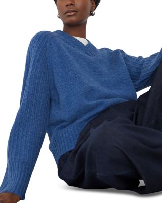 Wool Ribbed Sleeve V Neck Knit Sweater