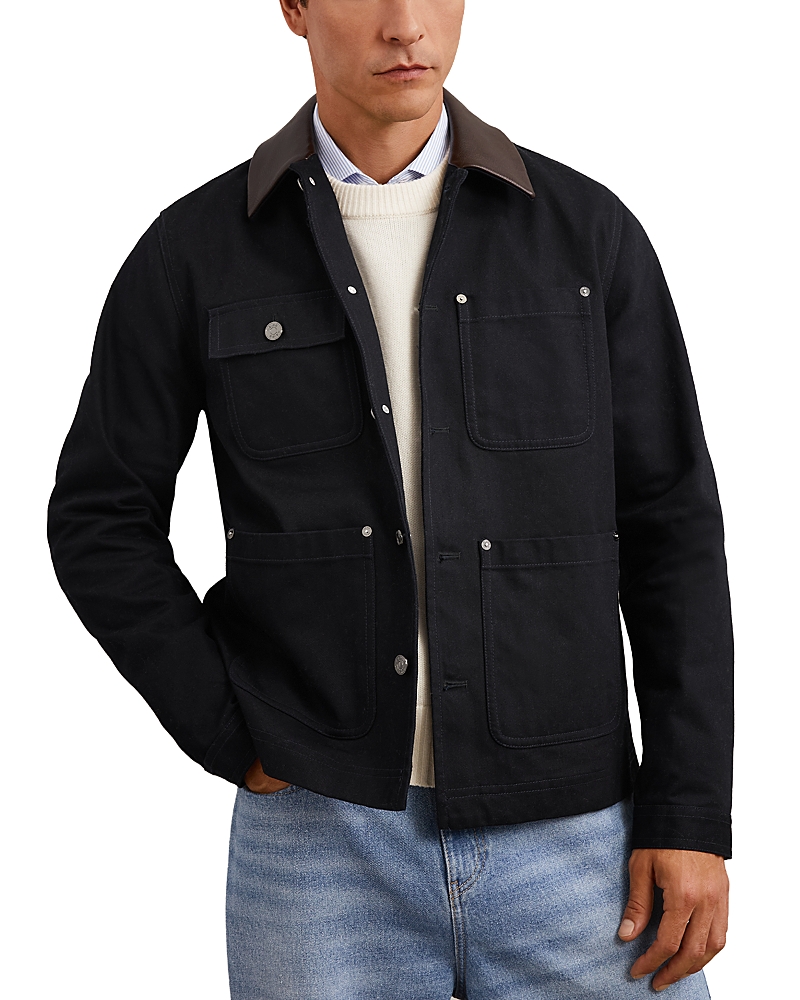 Reiss Leather Collar Denim Jacket In Blue