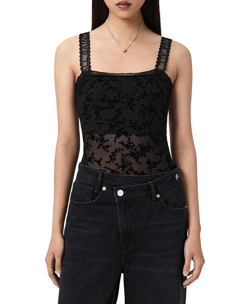 Allsaints Charli Flocked Lace Bodysuit In Black