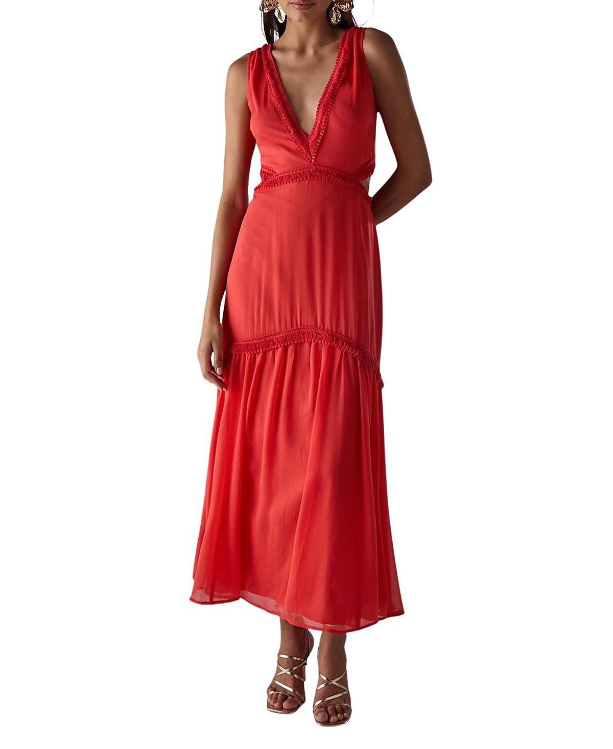 Warehouse Chiffon Fringe Trim Cut Out Maxi Dress