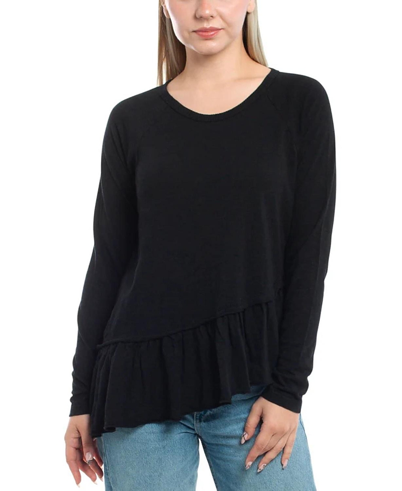 Wilt Clothing Raglan Long Sleeve Asymmetric Peplum Hem Tee In Black