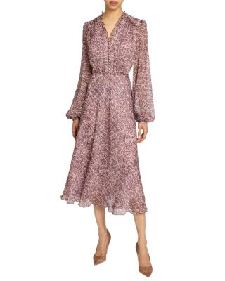 Amal Printed Georgette Long Sleeve Fit and Flare Midi Dress