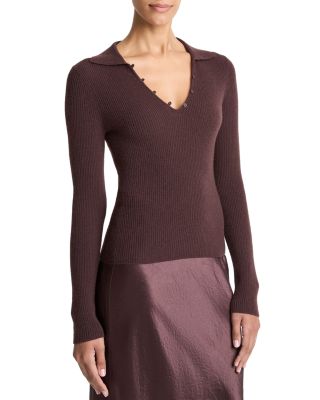 Cashmere Silk Ribbed Button Loop Polo Top