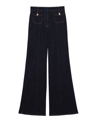 Ria High Rise Button Detail Flare Jeans in Dark Blue