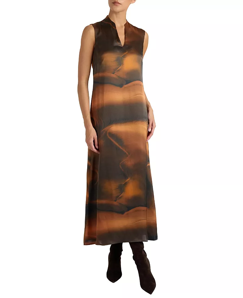 Santorelli Nicole Sleeveless Midi Shift Dress in Printed Silk Charmeuse