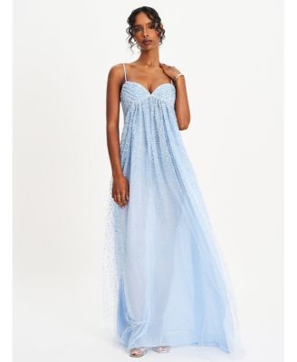 Wallie Rhinestone Embellished Mesh Backless Gown