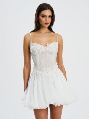  Fabiola Lace Trim Net Top Mini Flare Chiffon Dress