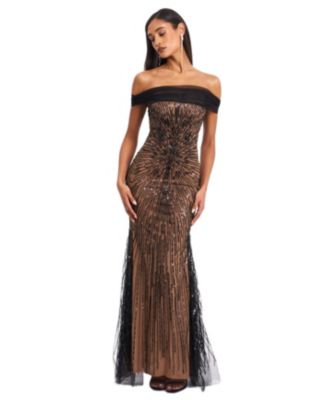 Qeturah Embroidered Sequin Off Shoulder Mesh Gown