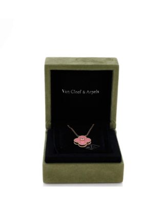 Vintage Alhambra Pendant Necklace 18K Rose Gold and Pink Sevres Porcelain with Diamond, 14.75 - 16.5"