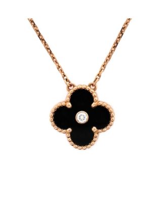  Vintage Alhambra Pendant Necklace 18K Rose Gold and Onyx with Diamond, 14.75 - 16.5"
