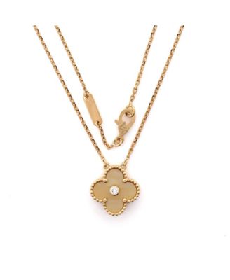  Vintage Alhambra Pendant Necklace 18K Gold and Gold Mother of Pearl with Diamond, 14.5 - 16.25"