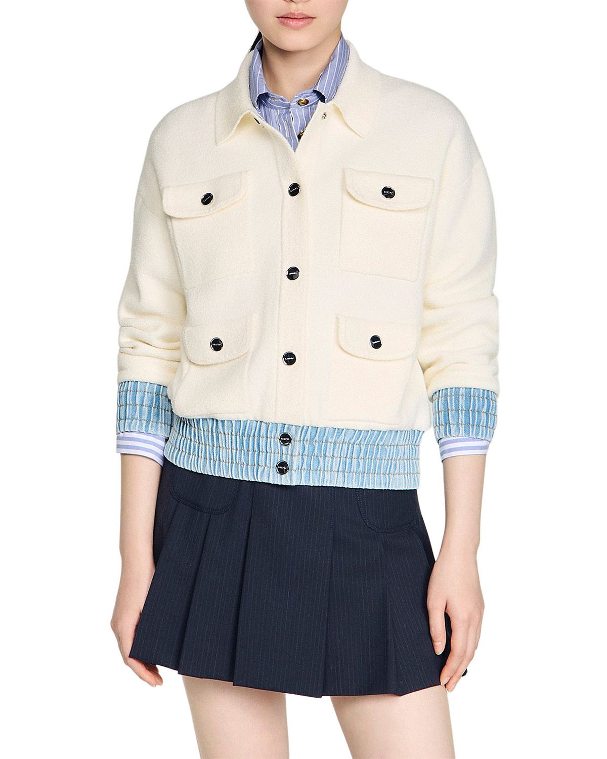 Sandro Madeen Boucle Denim Trim Cardigan