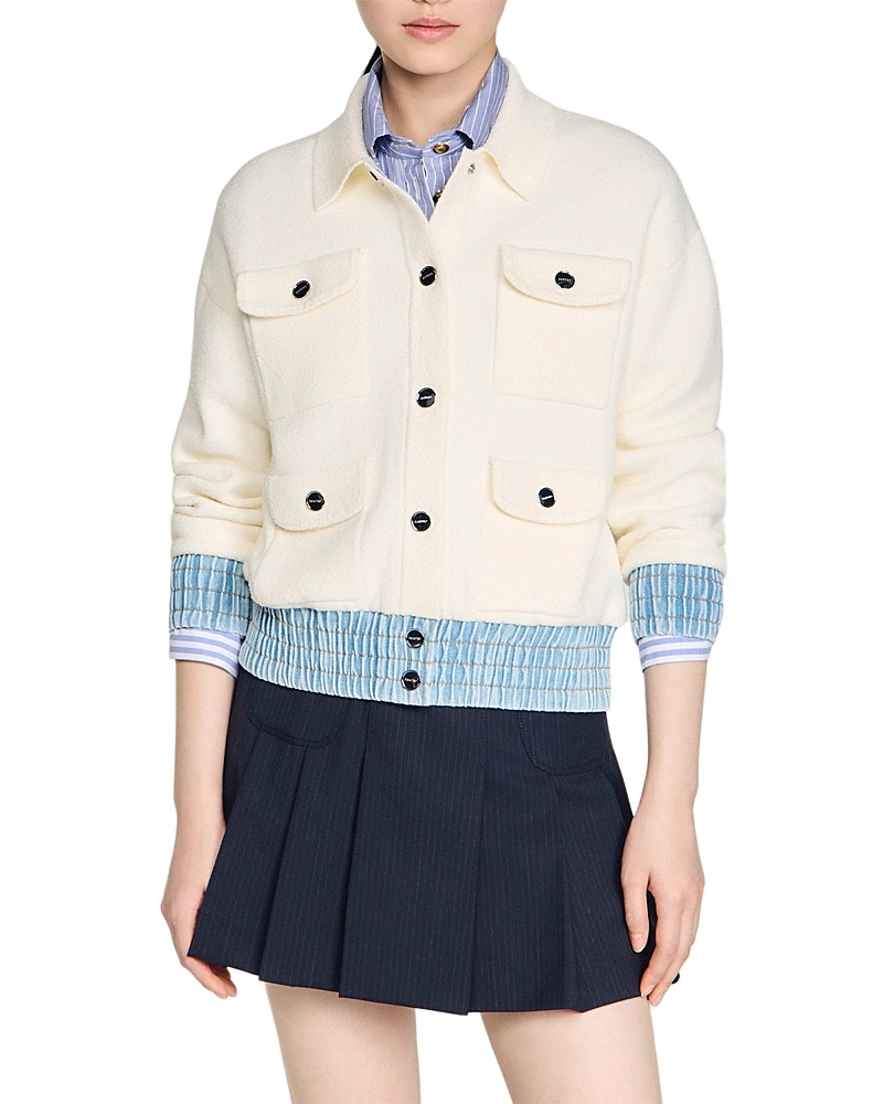 Sandro Madeen Boucle Denim Trim Cardigan