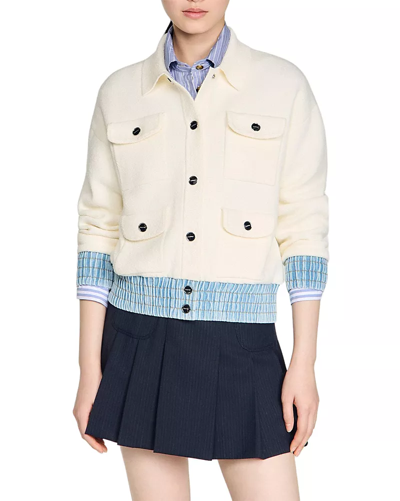 Sandro Madeen Boucle Denim Trim Cardigan